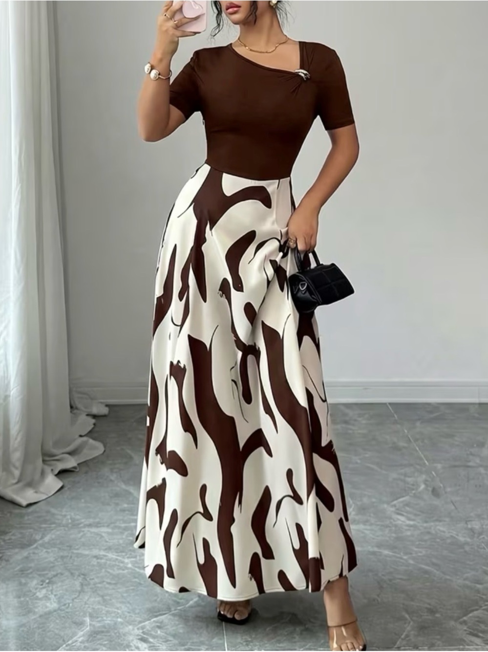 Brown & Cream Abstract Print Maxi Dress with Short Sleeve Bodice